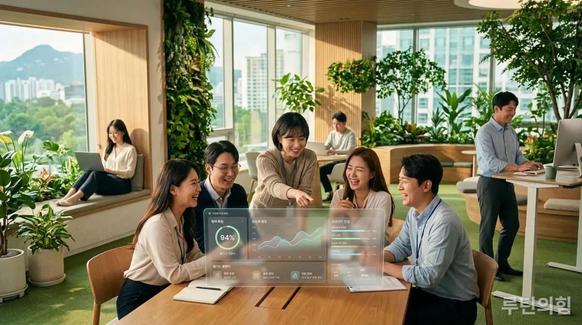 한국 직장인들이 현대적인 사무실에서 협력하며 지속 가능한 워라밸을 실천하는 모습