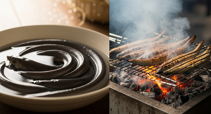 왼쪽에는 큰대야에 싱싱한 장어가 담겨있고 오른쪽에는 숮불에 장어가 노릇노릇 익어 가고 있는 이미지입니다.