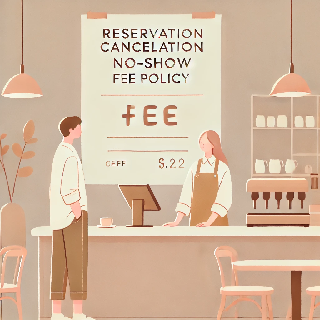 예약 취소 수수료 안내문을 보고 고민하는 손님과 카운터의 직원 모습