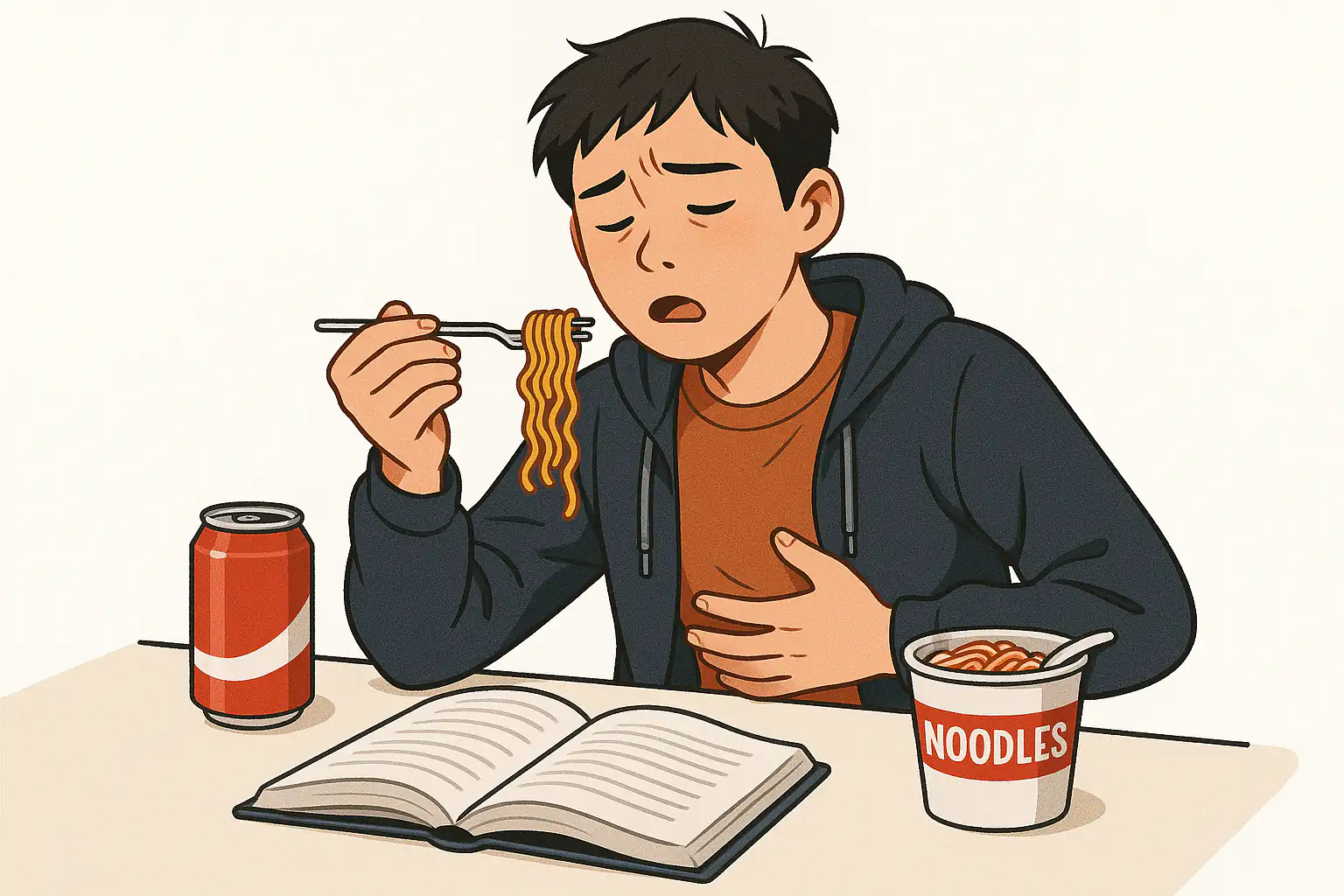 시험 공부 중 피곤한 표정으로 야식을 먹는 청소년, 책상 위 탄산음료와 라면 컵, 위장 불편을 느끼는 모습