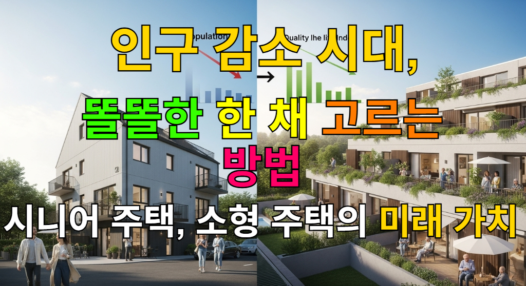 인구 감소 시대의 새로운 부동산 가치를 상징하는 시니어 주택과 소형 주택의 조감도 이미지