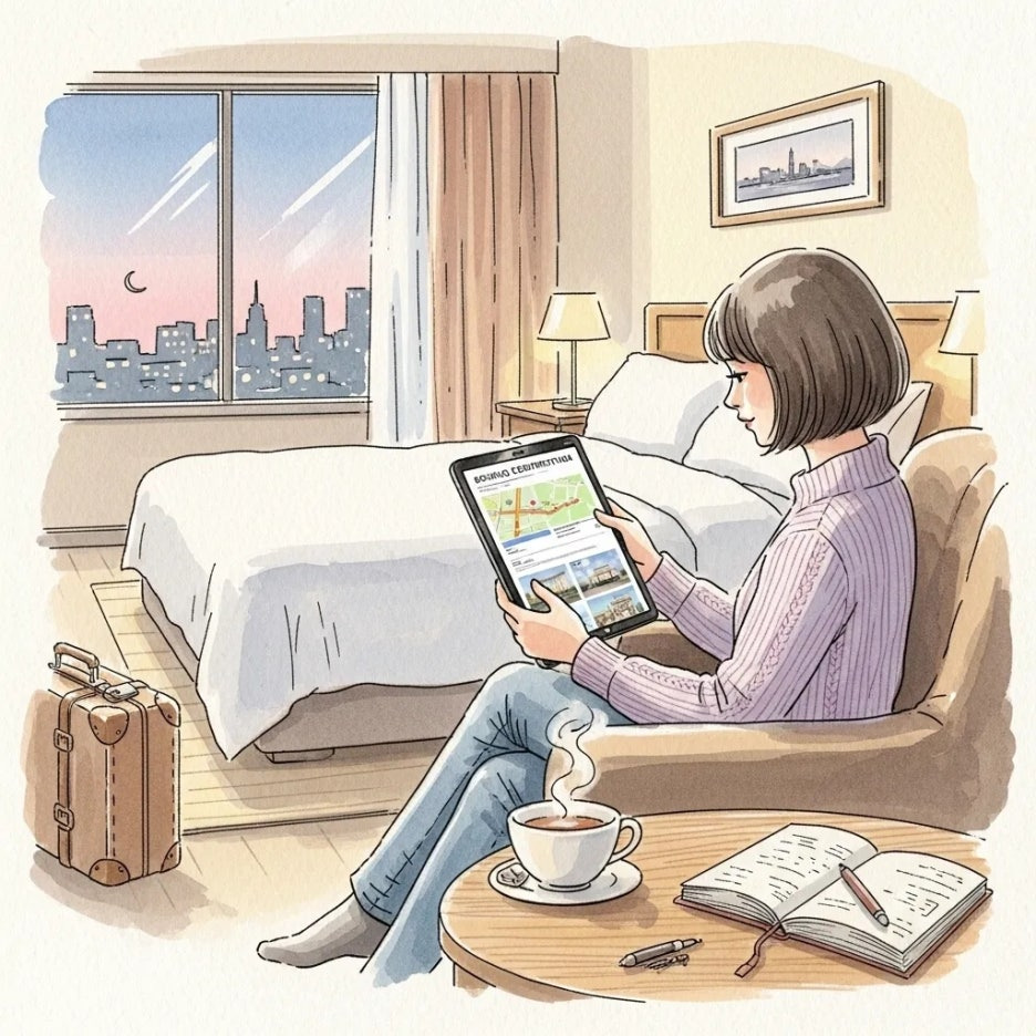 태블릿으로 숙소 정보를 확인하는 여행객