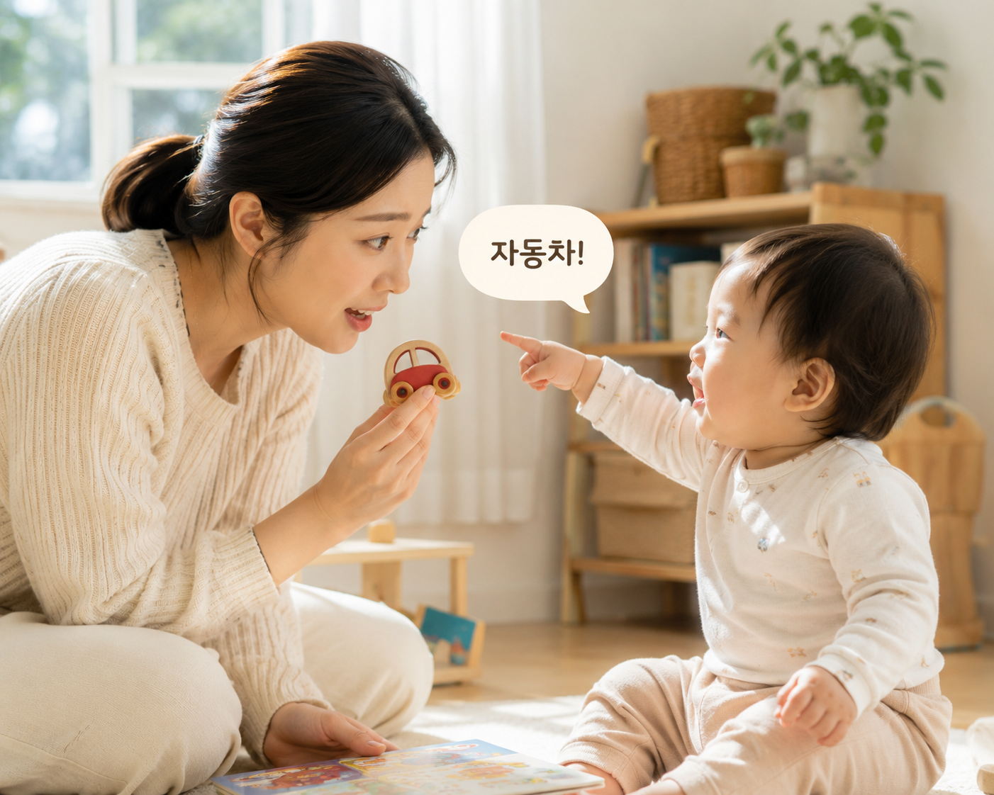 아이가 가리킨 사물의 이름을 말해주는 엄마