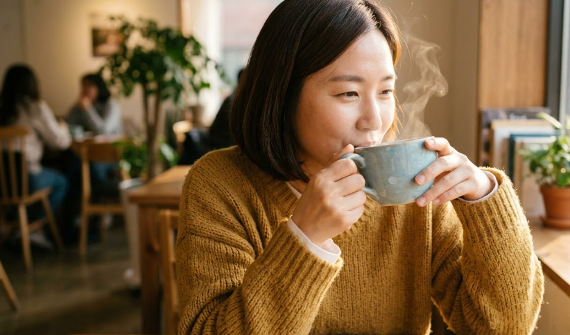 생리통을 완화하기 위해서 앉아 차를 마시고 있는 모습