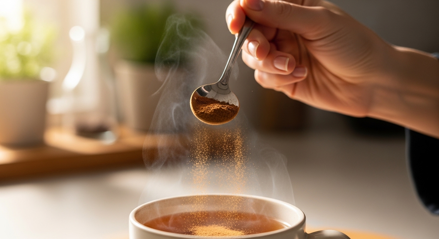 한 손이 작은 스푼으로 허브차에 계피가루를 조심스럽게 뿌리는 모습으로, 혈당 관리를 위한 계피 섭취의 중요성을 시각적으로 보여줌.