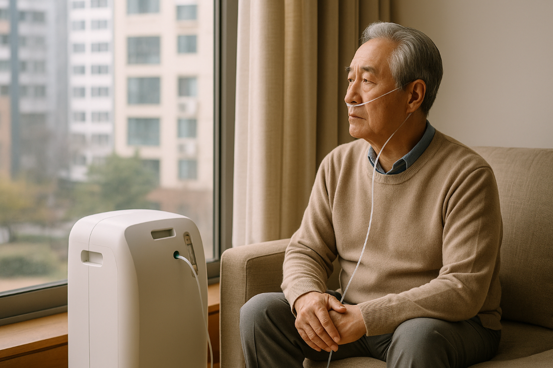산소발생기를 옆에 두고 산소 튜브를 코에 연결한 채 거실에 앉아 있는 노인의 모습