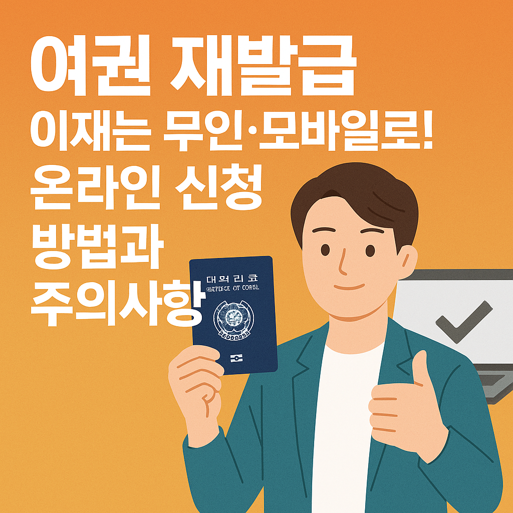 여권 재발급 온라인 신청을 안내하는 썸네일, 대한민국 여권을 든 남성이 무인 신청을 표현하며 엄지손가락을 들고 있는 일러스트
