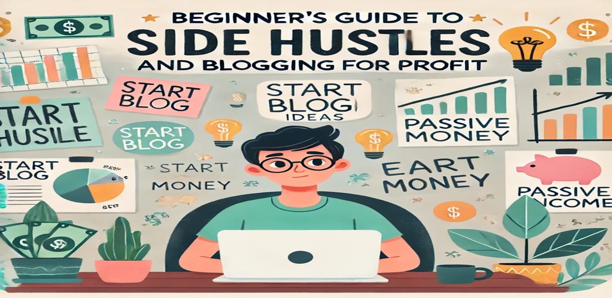 부업 초보자를 위한 블로그 수익화 및 사이드 허슬 가이드를 소개하는 인포그래픽. 노트북 앞에 앉아 있는 청년과 함께 'Start Blog', 'Passive Income', 'Earn Money' 등 키워드 포함.