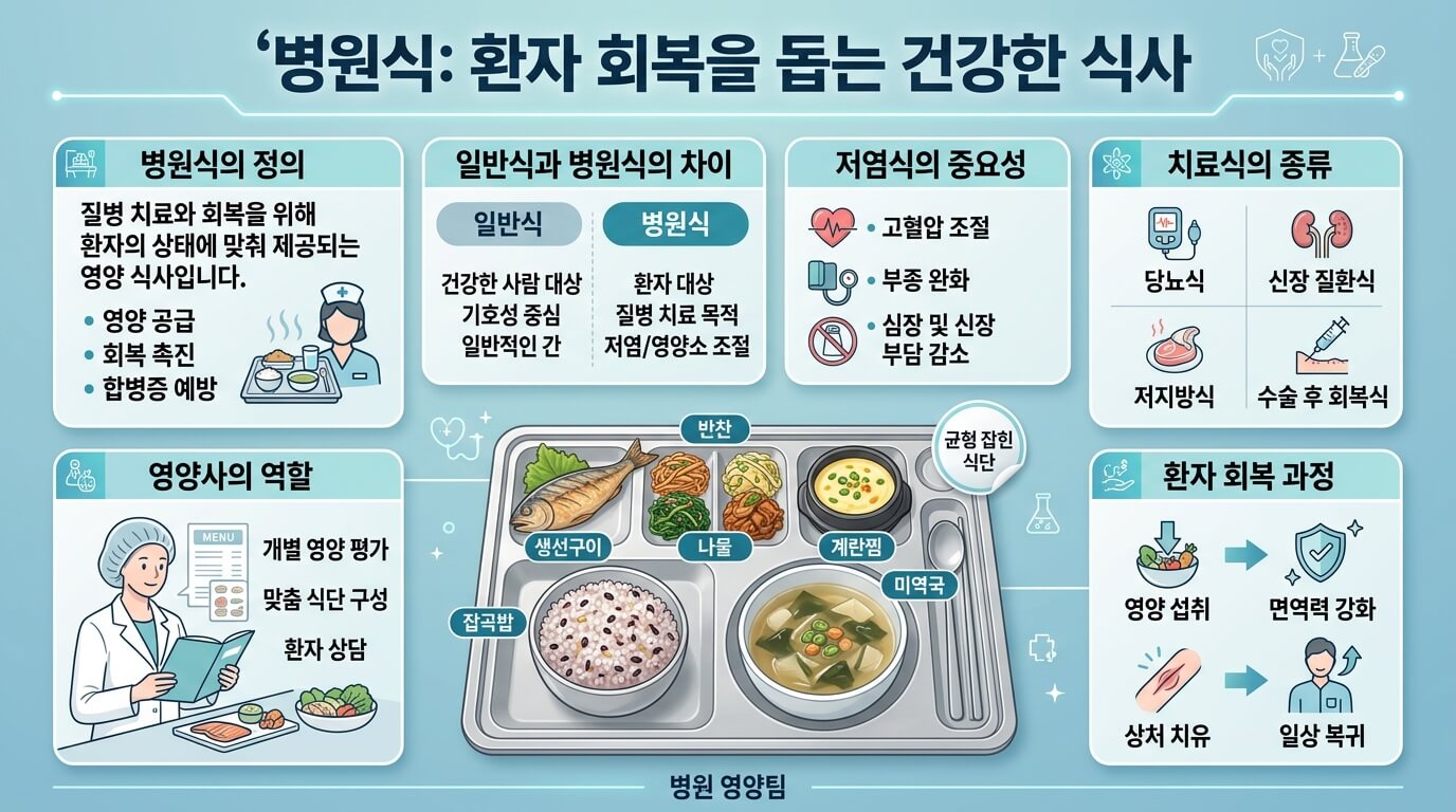 병원식과 일반식의 차이와 저염식 이유를 설명하는 의료 인포그래픽
