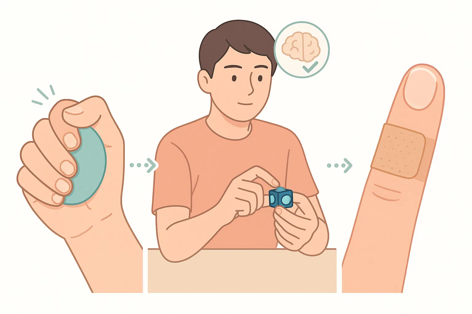 스트레스 볼을 쥔 손, 피젯 토이를 사용하는 모습, 손가락에 붙인 밴드