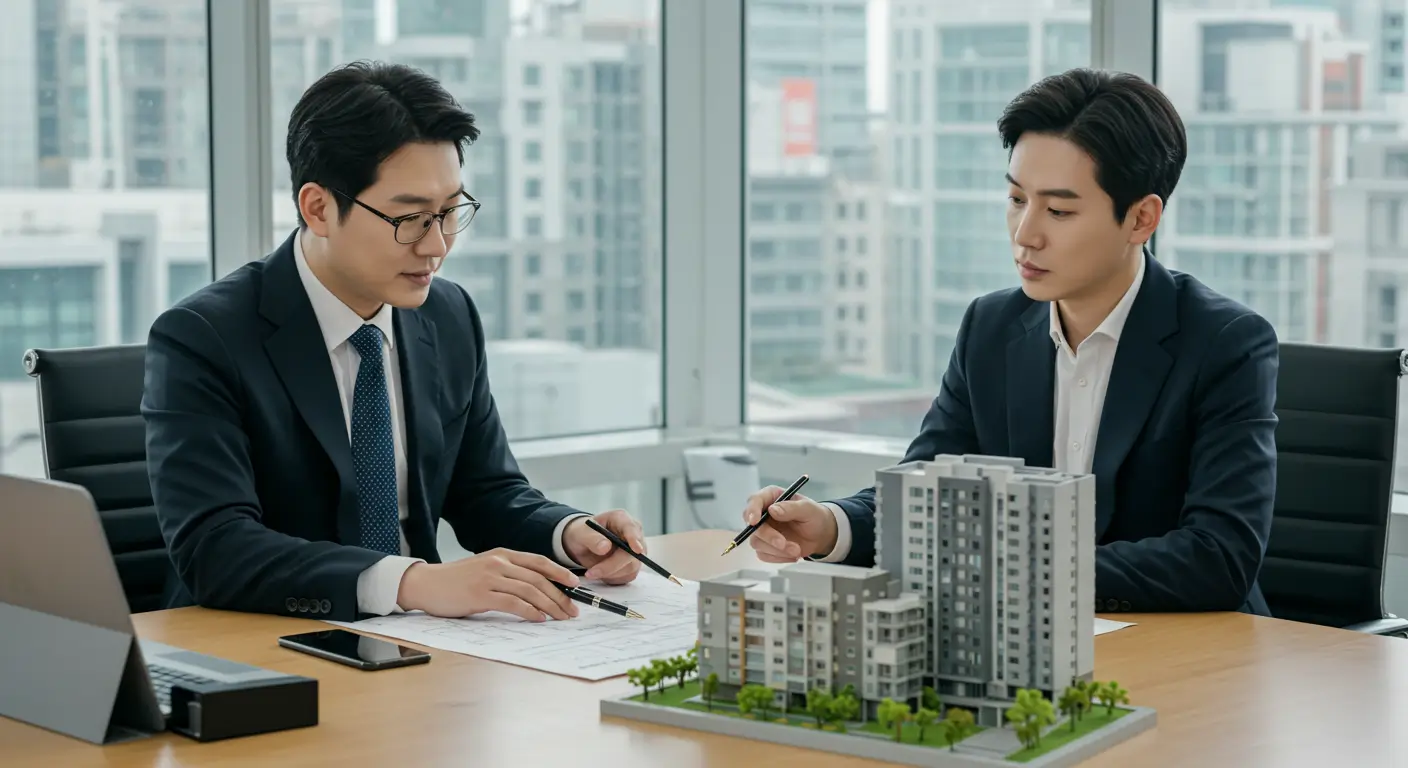 한 한국인 사업가가 전문가(금융 컨설턴트)와 함께 아파트 모형과 서류를 보며 전략을 짜는 모습