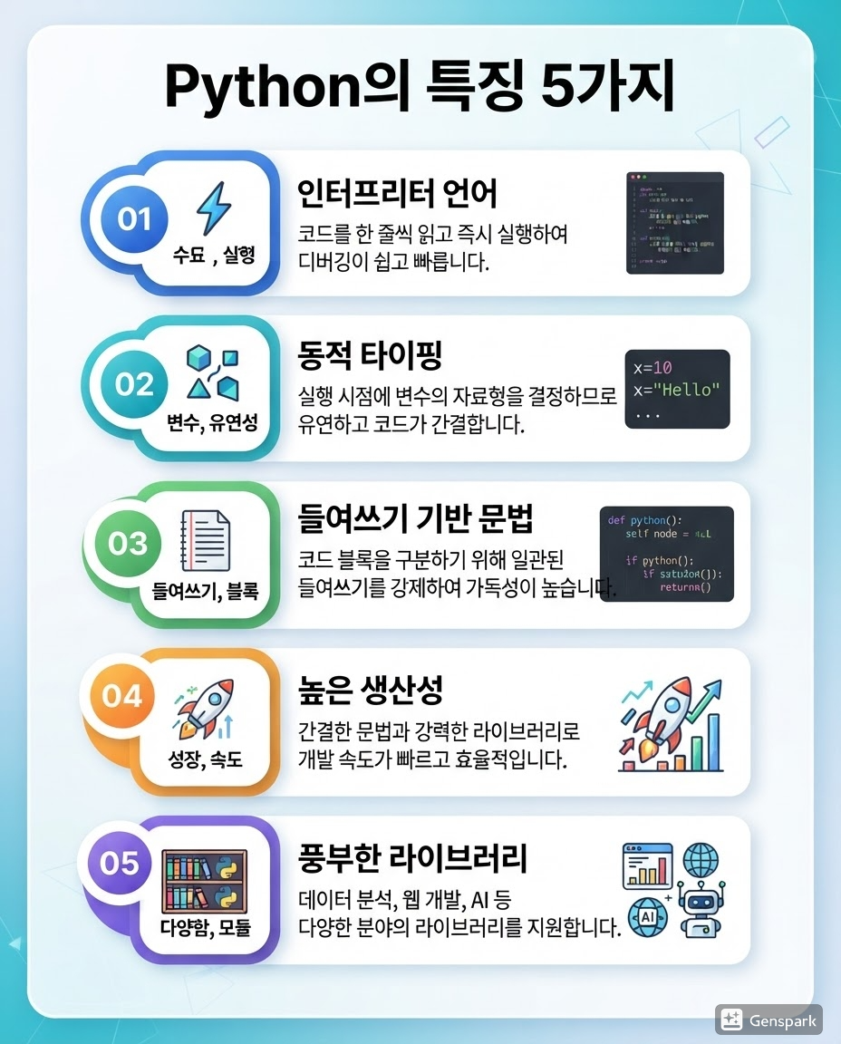 파이썬의 특징 5가지: 인터프리터 언어, 동적 타이핑, 들여쓰기 기반 문법 등