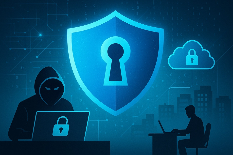 기업 사이버 보안을 상징하는 방패 아이콘과 해커 실루엣, 클라우드 보안 요소를 포함한 미래형 보안 콘셉트 이미지