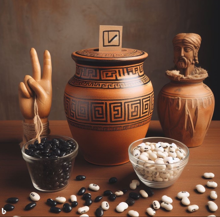 항아리에 흰색 콩과 검정색 콩을 넣어 투표를 준비하는 모습