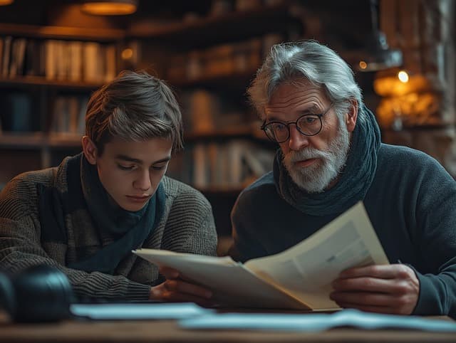 도서관에서 손주와 함께 공부를 하고 있는 시니어. 배움에 열중하는 시니어의 모습으로 연결