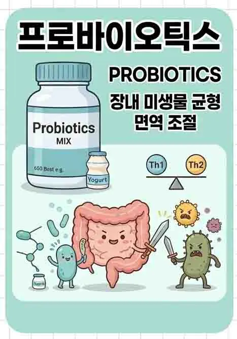 프로바이오틱스가 장내 미생물 균형을 맞춰 면역 균형(Th1/Th2)을 조절하는 비염 완화 효과를 설명