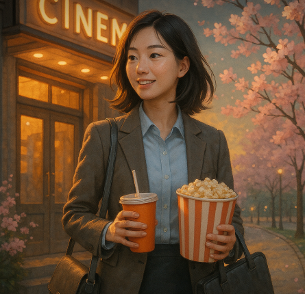 봄에 영화를 보러가는 직장인 일러스트