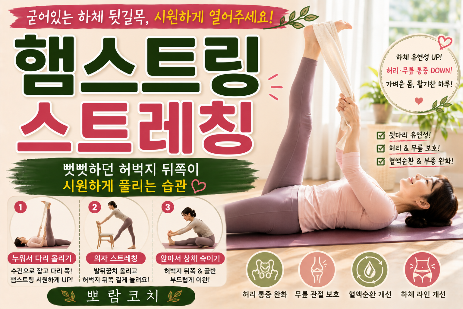 따스한 햇살이 비치는 아늑한 거실 요가 매트 위에서 수건을 활용해 누워서 다리 스트레칭을 하고 있는 모습