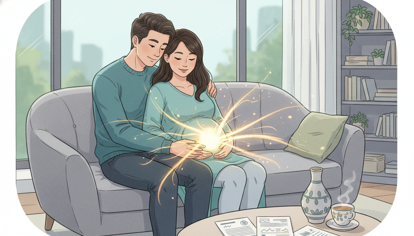 아기를 기다리는 20대 후반~30대 초반 부부가 따뜻한 집에서 임산부 배를 어루만지며 행복하게 미래를 그리는 모습, 우체국 태아등재의 평화롭고 든든한 의미를 상징.