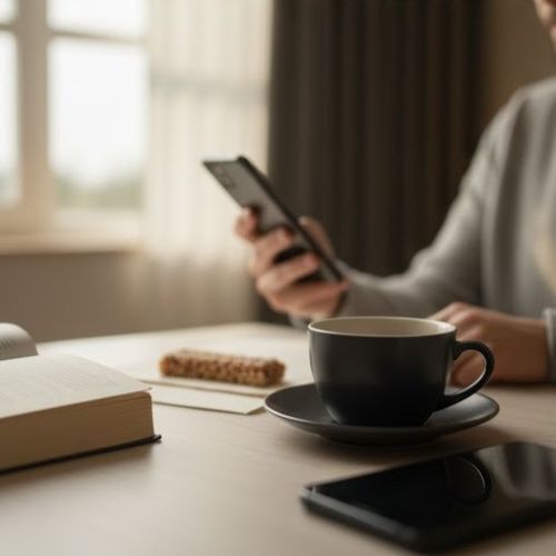 아침 식사 대신 빈속에 커피를 마시며 스마트폰을 보는 잘못된 아침 습관의 예시