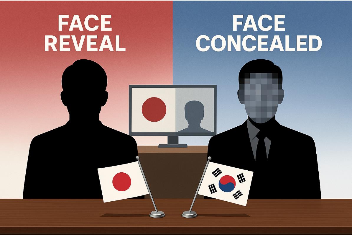 일본은 범죄자의 얼굴을 공개, 한국은 얼굴을 가리는 비공개 방식을 상징적으로 비교한 이미지