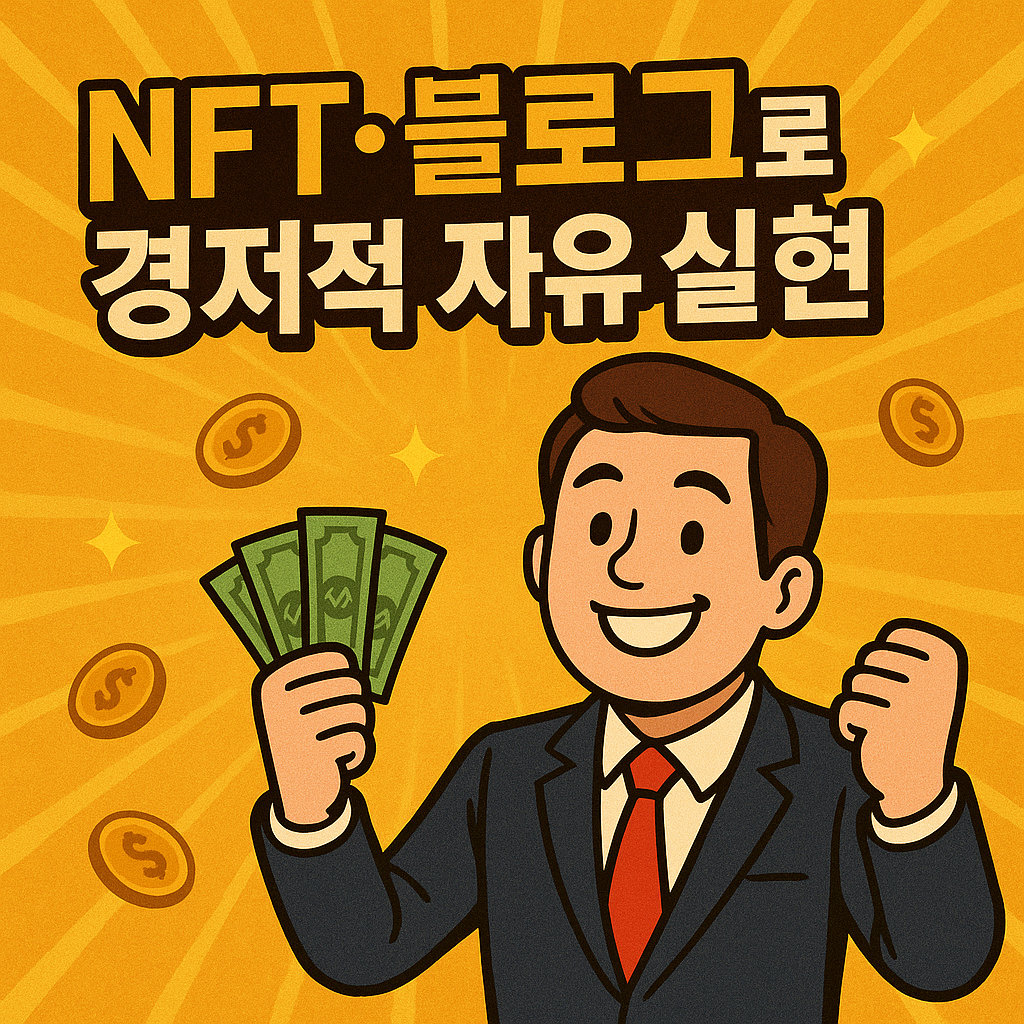"NFT와 블로그를 통해 경제적 자유를 이루는 남성 캐릭터 일러스트, 돈을 들고 밝게 웃는 모습"