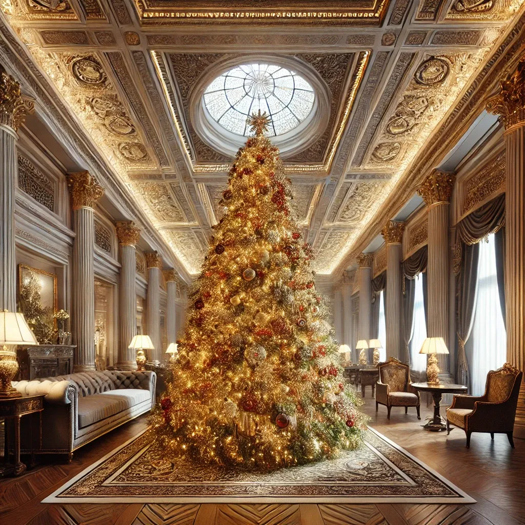 넓은 공간이나 로비에 어울리는 웅장한 대형 크리스마스 트리&amp;#44; 고급스러운 장식과 화려한 분위기
