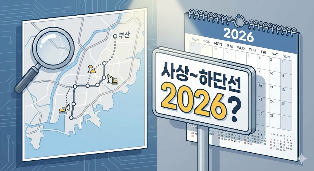 사상하단선 노선도와 2026년 달력이 오버랩된 일러스트, 부산 지하철 공사 지연 분석 썸네일