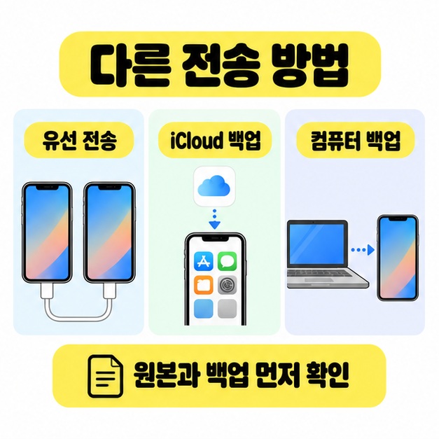 유선 전송 iCloud 백업 컴퓨터 백업의 세 대안과 원본 및 백업을 먼저 확인하라는 안내 그림