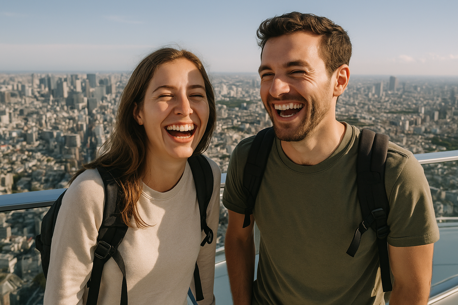 도쿄 시내 고층 전망대에서 두 명의 여행자가 웃으며 포즈를 취하는 장면, 맑은 하늘과 도시 전경이 배경으로 펼쳐져 활기찬 분위기를 전한다.