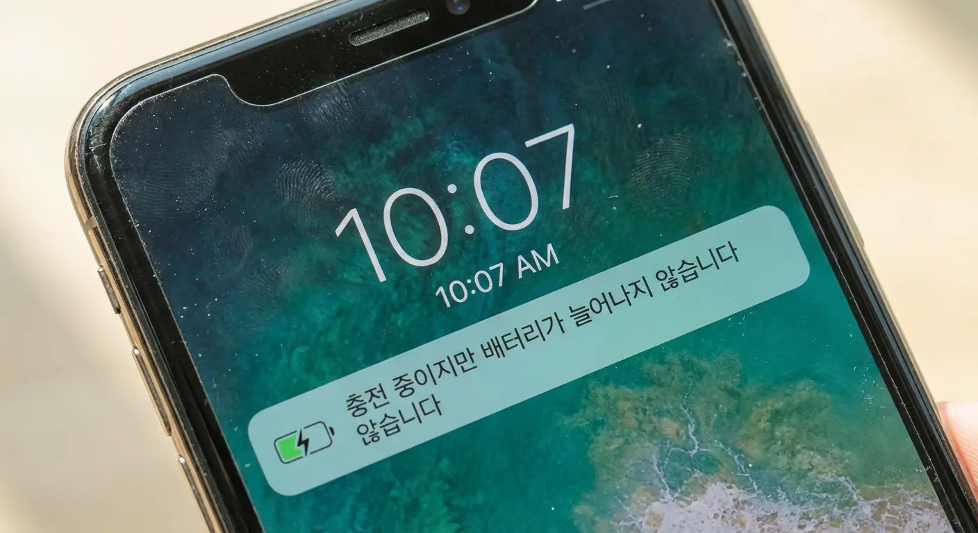 충전 중이지만 배터리 퍼센트가 오르지 않는 화면