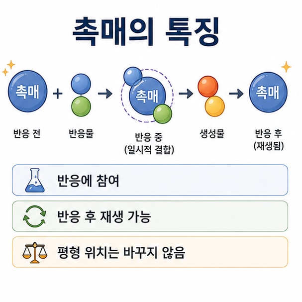 촉매는 반응 과정에 참여하지만 다시 재생될 수 있으며 화학평형의 위치 자체는 바꾸지 않는다는 내용을 설명한 이미지