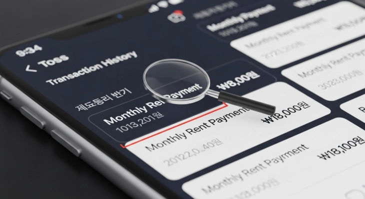 토스 앱 월세 송금 내역 화면과 상세 거래 내역을 확인하는 모습