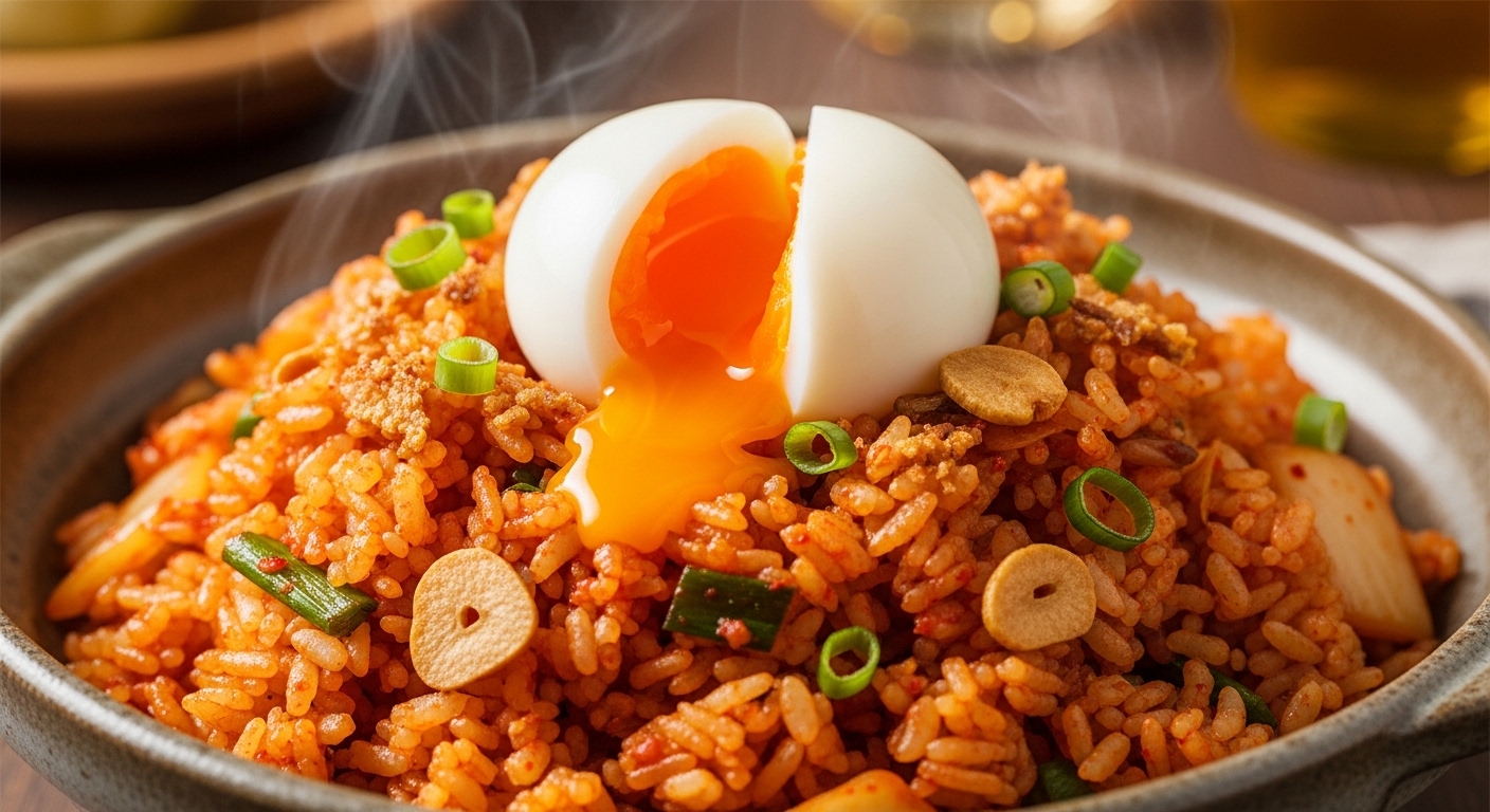 김치볶음밥 위에 반숙 계란 프라이가 올라간 먹음직스러운 완성 사진