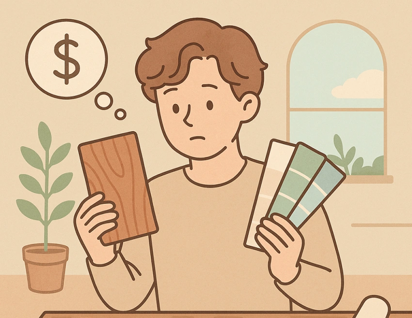 셀프인테리어 중 예산에 따른 자재 선택을 고민하고 있는 일러스트