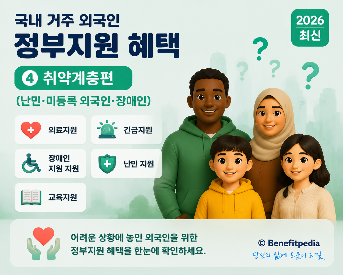 외국인을 위한 정부지원과 혜택 시리즈 4편 ❘ 취약계층형 지원 완전판 (긴급지원&middot;의료지원&middot;생계지원&middot;주거지원&middot;법률지원&middot;난민인정자&middot;인도적체류자&middot;외국인 장애인&middot;미등록 외국인)