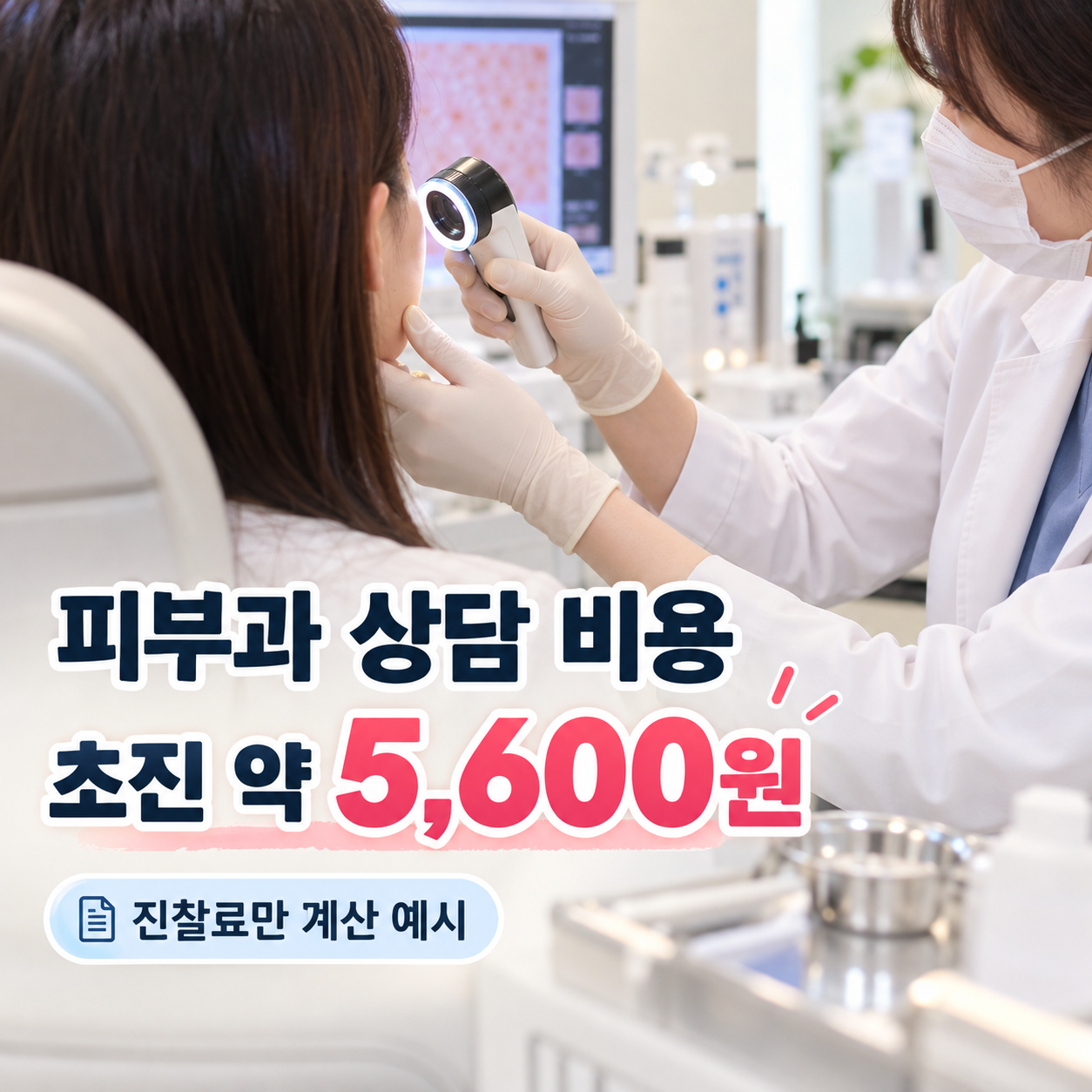 피부과에서 질환 진료의 건강보험 초진비와 미용 목적 상담의 비급여 비용 차이를 설명하는 안내 이미지