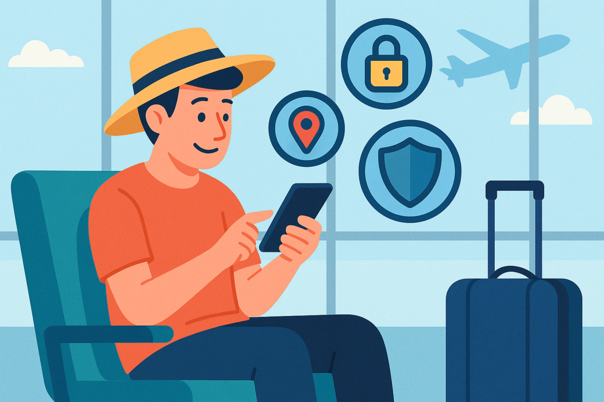 공항 라운지에서 스마트폰 보안 설정 중인 여행자 일러스트