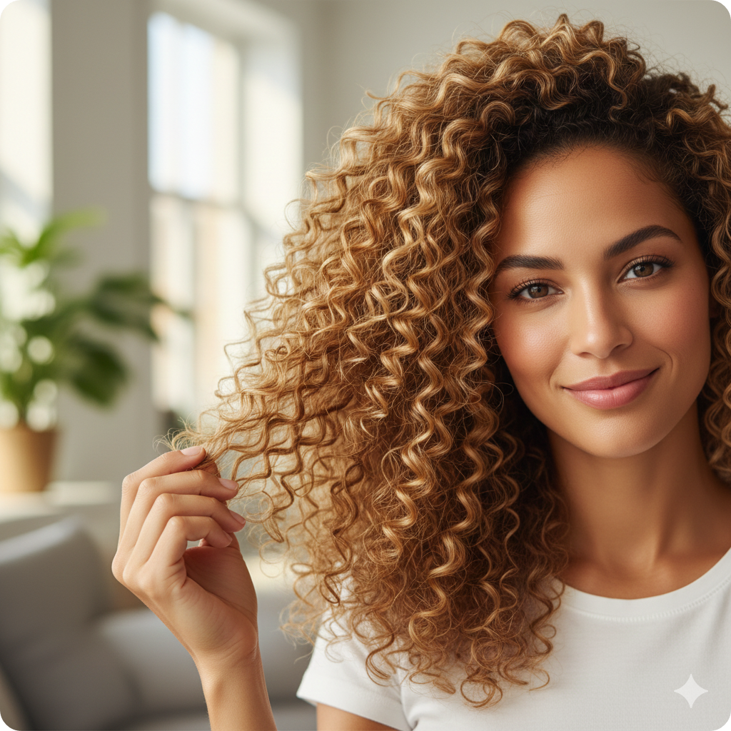 윤기가 흐르고 탄력 있는 컬을 손으로 들어 보이는 아름다운 곱슬머리 모습