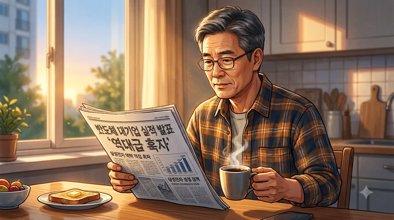아침 신문 1면에 실린 삼성전자 실적 발표 기사를 커피와 함께 보는 50대 직장인