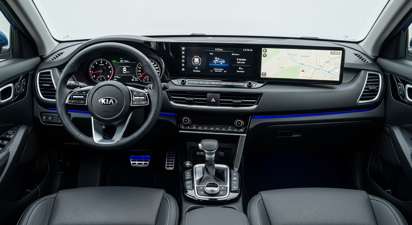 2026 기아 셀토스 풀체인지 모델의 파노라믹 커브드 디스플레이가 돋보이는 미래지향적인 실내 디자인.