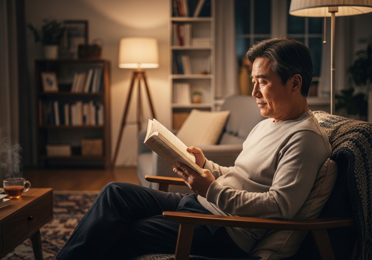 50대 한국인 남성, 거실 의자에서 독서 중