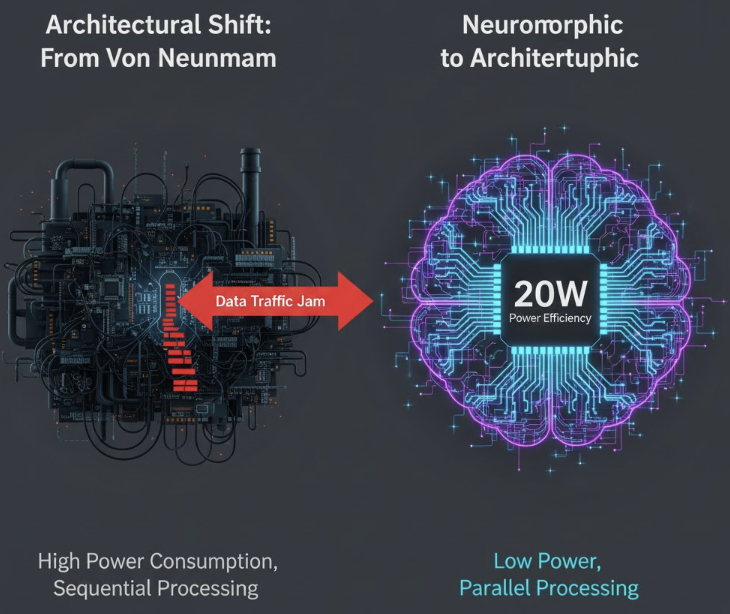데이터 전송 지연이 발생하는 기존 폰 노이만 구조와 뇌의 뉴런과 시냅스를 모방해 초저전력 병렬 연산이 가능한 차세대 뉴로모픽 반도체 아키텍처 비교 인포그래픽 이미지.