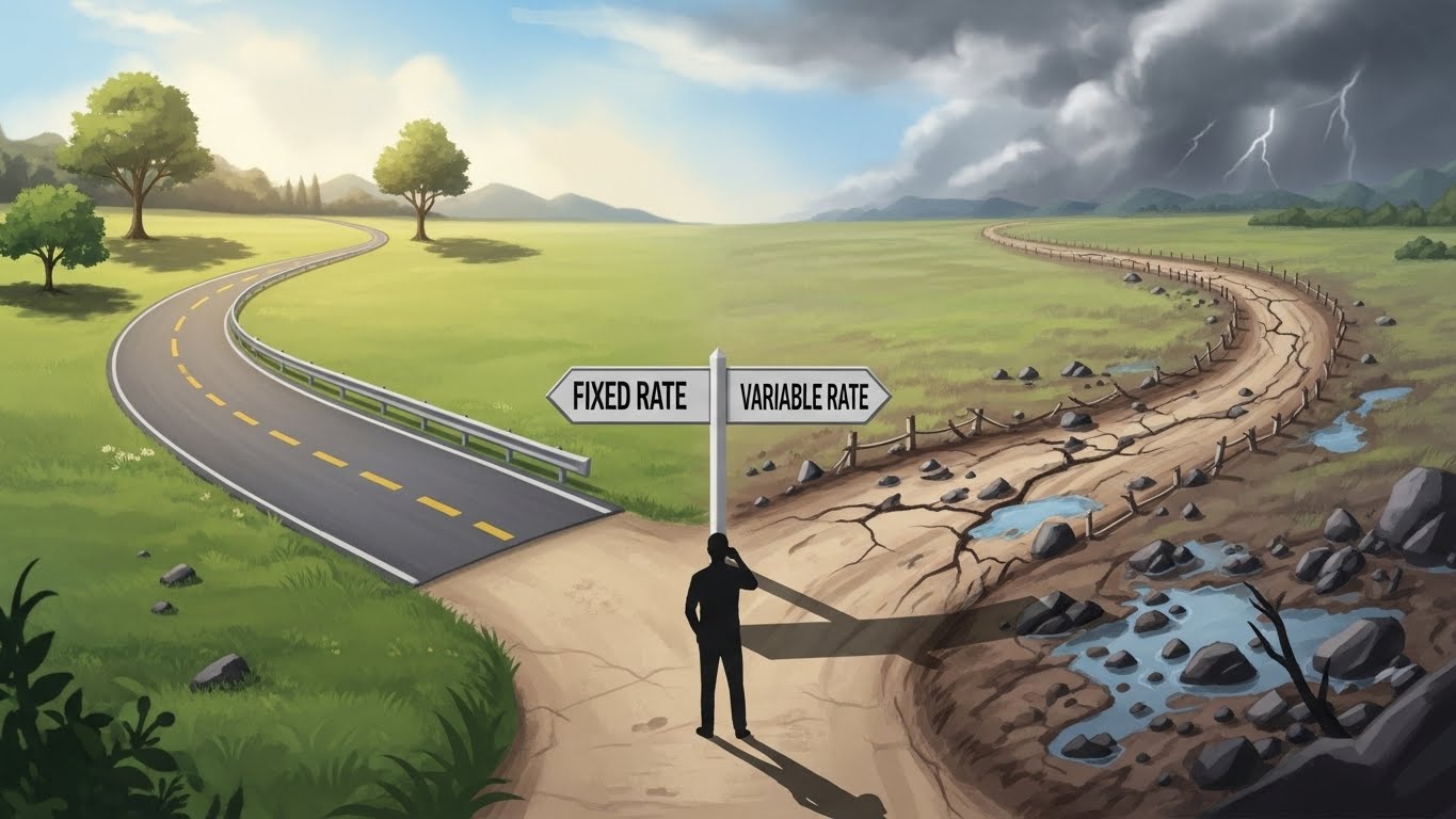 Comparison concept art, two paths diverging, one labeled 'Fixed Rate' being smooth and steady, the other 'Variable Rate' being bumpy, helping decision making