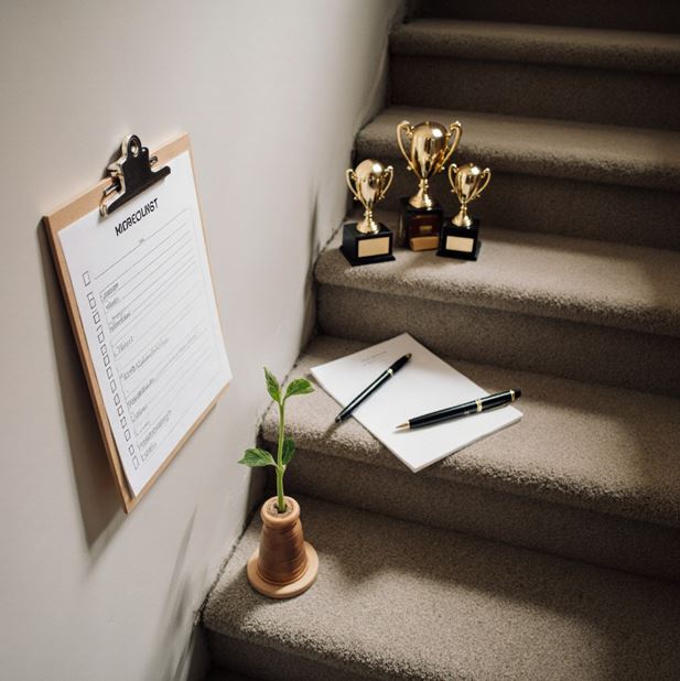 계단에 아래부터 새싹, 종이와 펜, 트로피가 놓여있는 모습으로 작은 성공부터 하나씩 이뤄 나가는 것을 상징적으로 나타내었다.