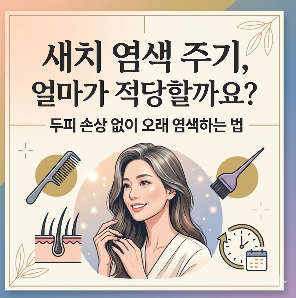 새치 염색 주기, 얼마가 적당할까요? 두피 손상 없이 오래 하는 법'이라는 큰 제목이 담긴 텍스트 카드형 썸네일. 40~60대 여성을 타겟으로 한 세련되고 깔끔한 디자인으로, 왼쪽에는 머리 결을 빗는 빗 아이콘과 두피 케어 아이콘이 배치되어 있습니다. 부드러운 베이지와 따뜻한 톤의 컬러를 사용하여 전문적이고 신뢰감 있는 느낌을 주며, 복잡하지 않은 레이아웃으로 가독성을 높인 카드 뉴스 스타일의 이미지입니다.