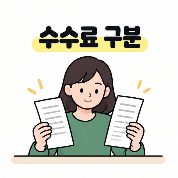 수수료 구분 문구 아래에서 판매자가 두 장의 영수증을 양손에 들고 비교하는 그림