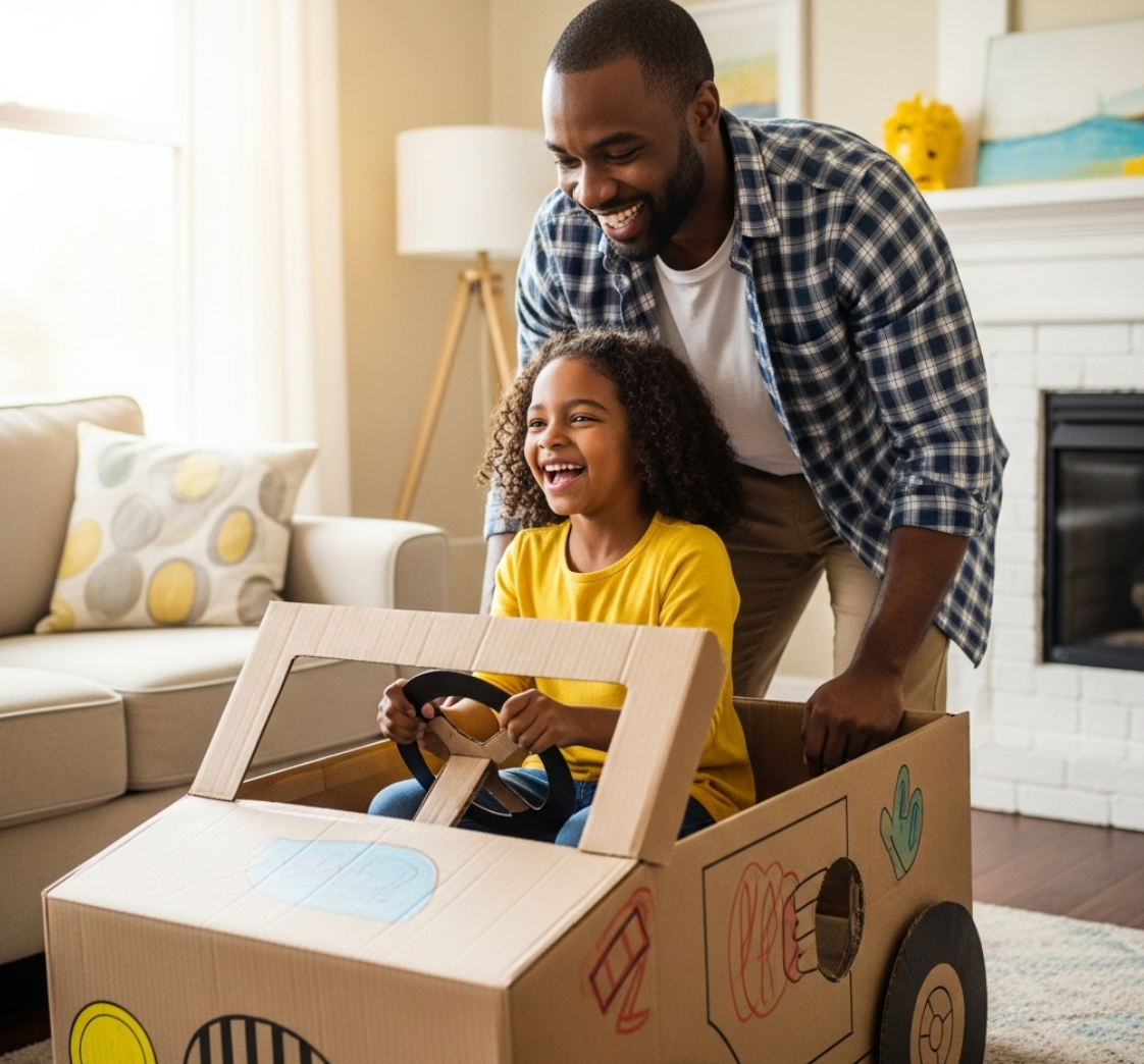 커다란 박스로 자동차를 만들어 아빠랑 아이가 재미있게 놀고 있는 사진