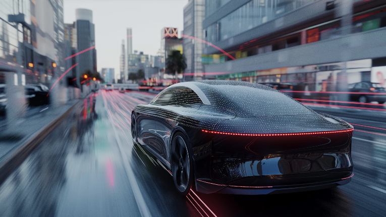 자율주행차 주변을 감싸는 다양한 센서 범위(카메라, 라이다, 레이더)가 시각적으로 표현된 그래픽