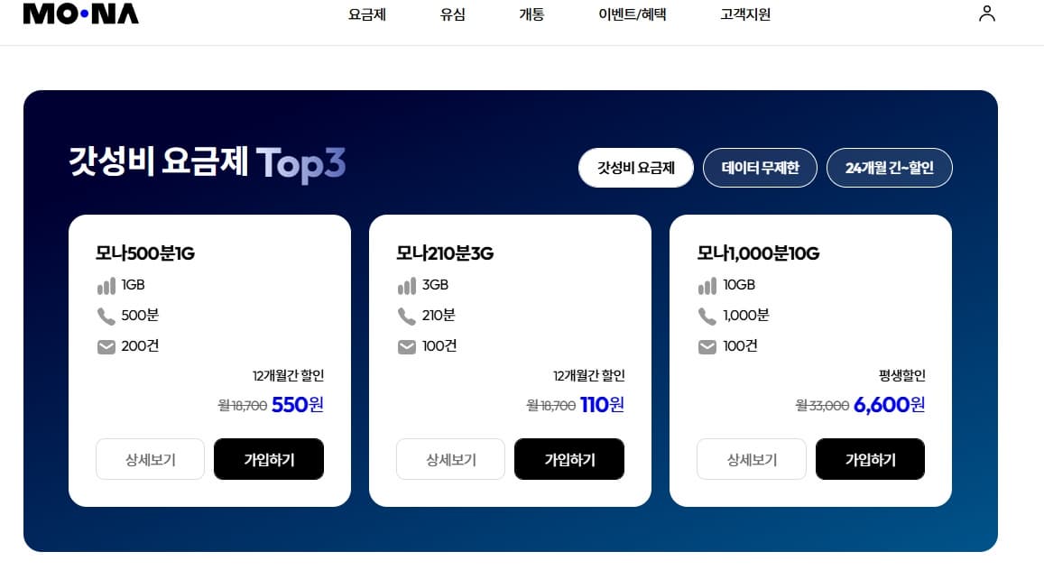 모나 알뜰폰 요금제 조회 둘러보기